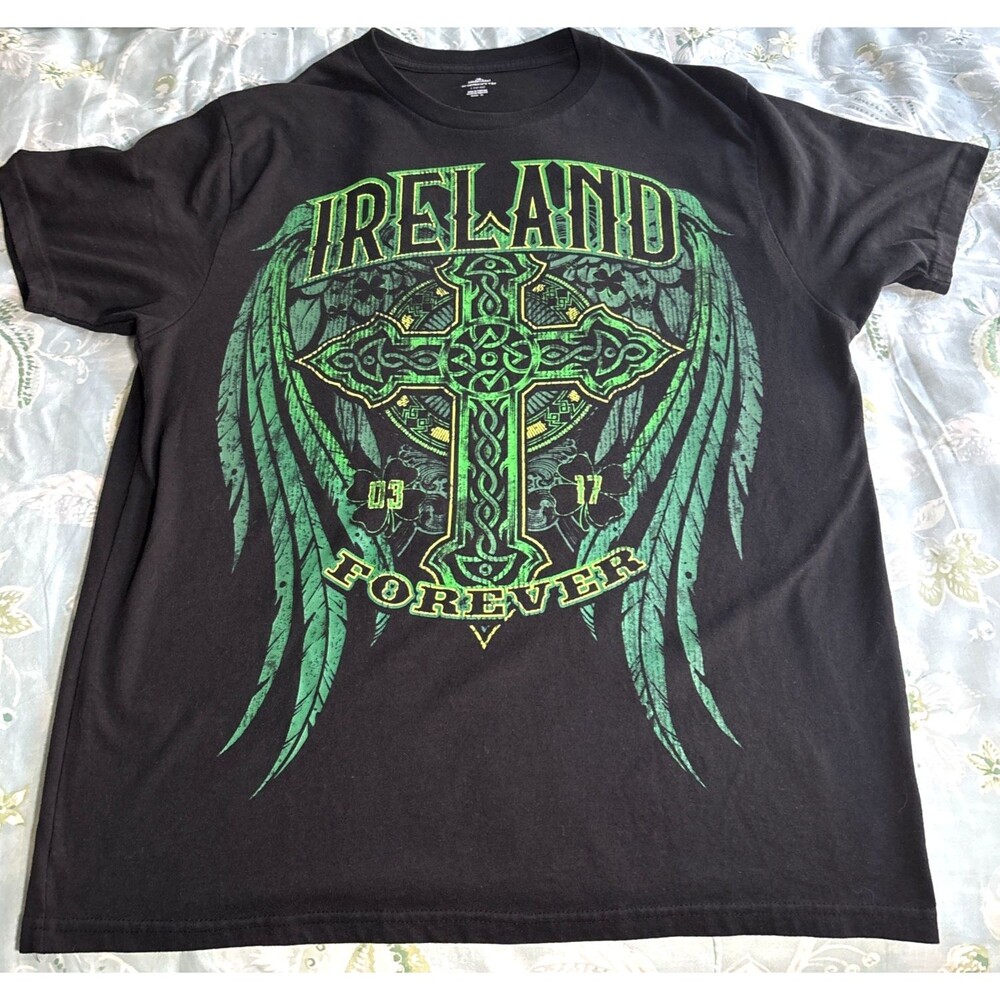 Ireland Forever T-Shirt Mens Black Short Sleeve Graphic  Size L Irish Green